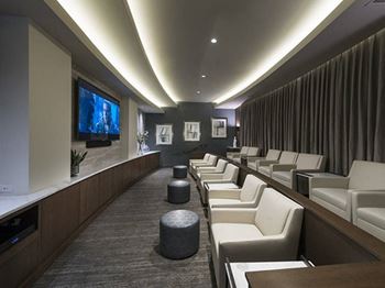 Theater-style seating private media room that includes hd projector with surround-sound